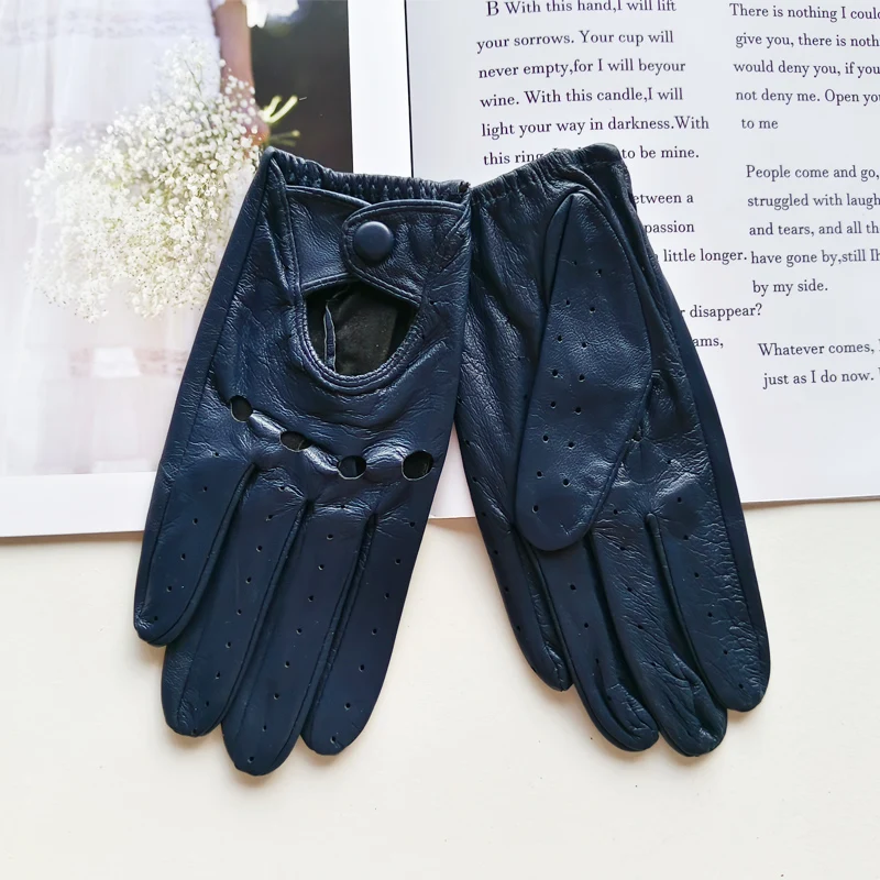 Damen-Fahrerhandschuhe aus Schaffell. Dünne, atmungsaktive, ungefütterte, farbige Lederhandschuhe. Sommer – Detail 9