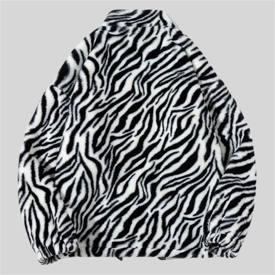 Hip Hop Winter Zebra Stripes Jackets Mens Fleece Harajuku Fuzzy Zipper Coat Jackets for Mens Clothes Oversized Streetwear Jacket 3