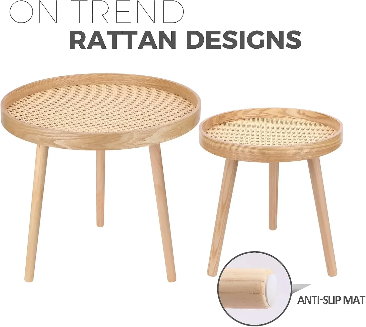 Round Coffee Table Set of 2, Natural Boho Coffee Table, Small Mid Century Modern Rattan Coffee Table, Boho Side Table End Tables 4
