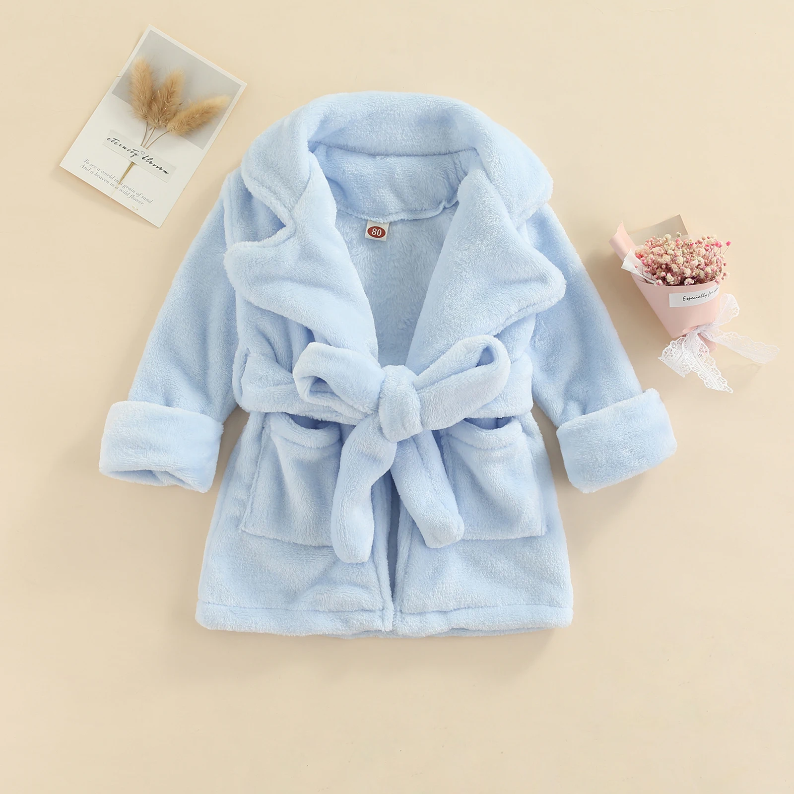 Toddler Baby Flannel Bathrobe Solid /Leopard Print Pocket Robe with Belt for Girls Boys Infant Towels Children Robe With Belt
