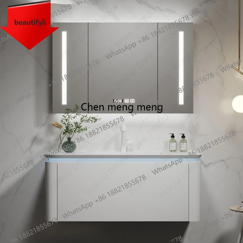 ชุดอ่างล้างหน้าติดผนัง 01A พร้อมอ่างเซรามิกในตัว กระจกอัจฉริยะป้องกันฝ้า ตู้เก็บของขนาดใหญ่แบบลอยตัว 1