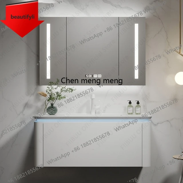 ชุดอ่างล้างหน้าติดผนัง 01A พร้อมอ่างเซรามิกในตัว กระจกอัจฉริยะป้องกันฝ้า ตู้เก็บของขนาดใหญ่แบบลอยตัว 1