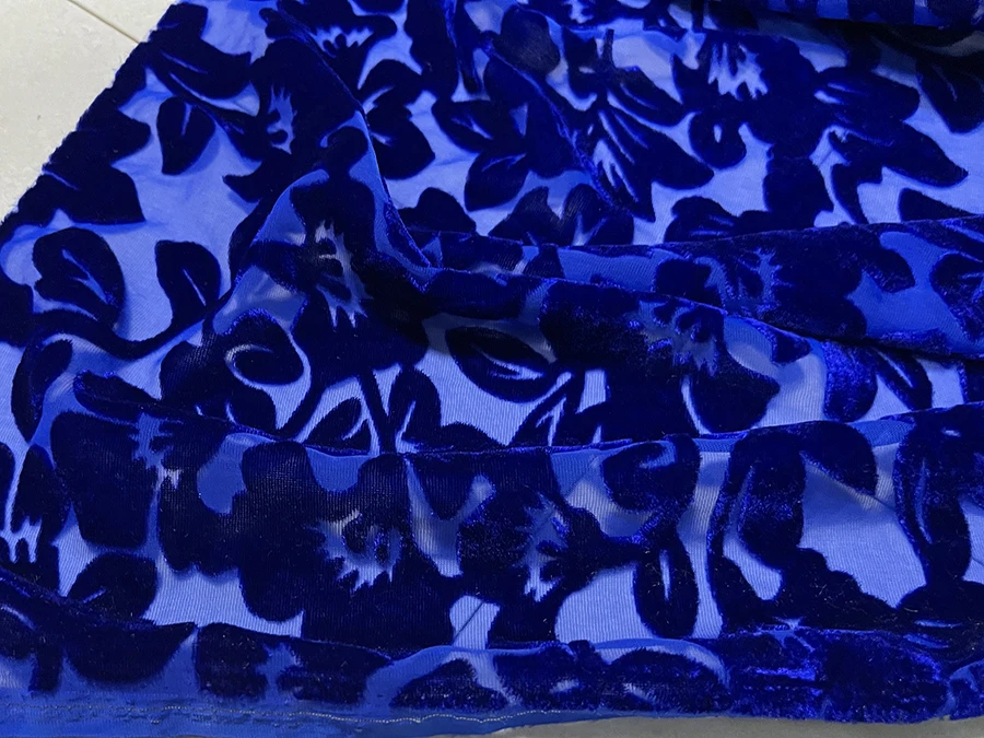 

High Quality Real Silk Velvet Clothing Fabric Royal Blue Vintage Flower Hollow out Etched-out Designer for Cheongsam Qipao