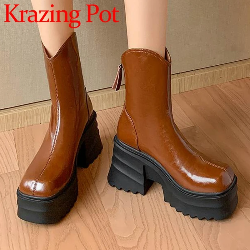 

Krazing Pot Cow Leather Square Toe Super Thick High Heels Chelsea Boots Platform Sewing Thread Cool Fashion Zipper Ankle Boots