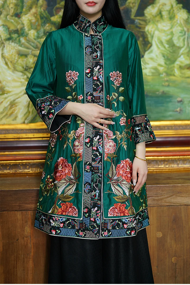 Women's Standing Collar Rayon Embroidered Flower Coat Three Quarter Sleeves Long Top M-XXL