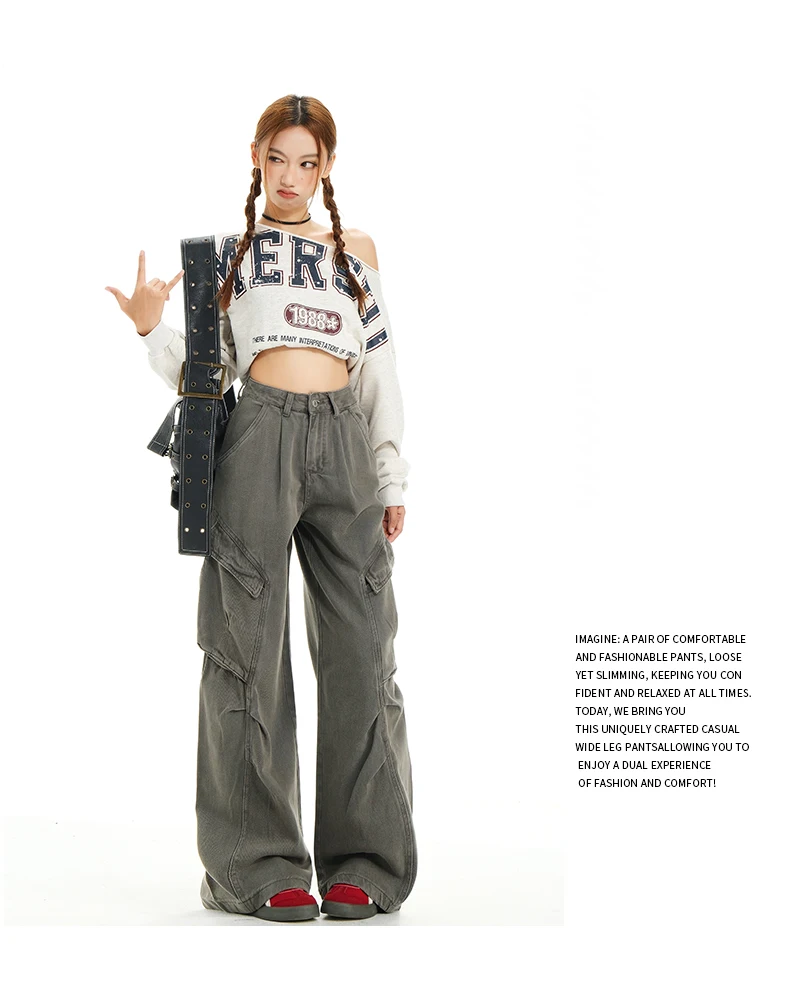 Retro Casual High Waisted Baggy Cargo Jeans Women Washed Distressed Wide Leg Pants Brown Denim Y2K Streetwear Vintage Trousers