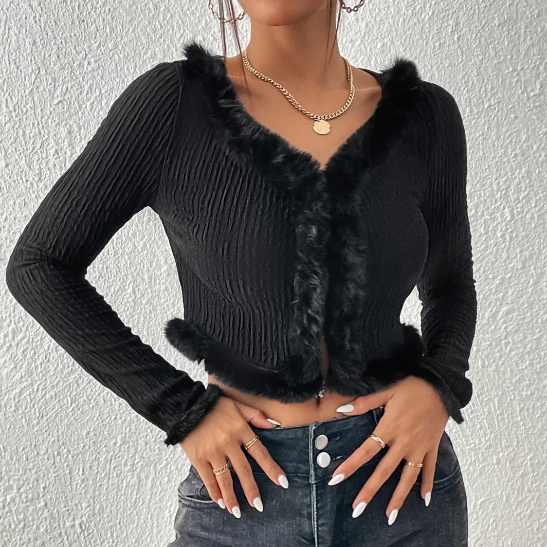 

New Sexy Black Cropped Cardigan Women Autumn Winter New Slim V-neck Patchwork Feather Long Sleeve Sweater Jacket Femme