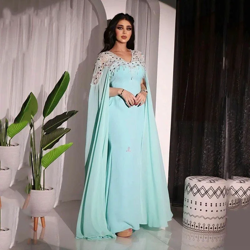 

Mint Green Shawl Sleeves Arab Dubai Mermaid Evening Gowns Beaded V-Neck Formal Occasion Dresses For Women فساتين مناسبة رسمية