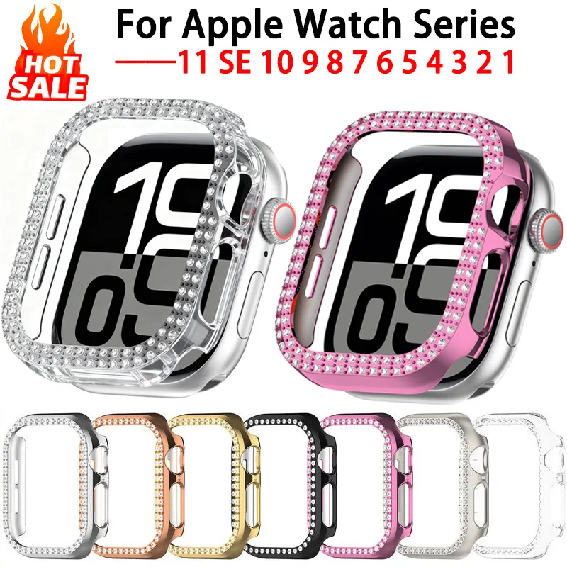 Housse pour Apple watch, 46mm 42mm 44mm 40mm 45mm 41mm, strass scintillants, protection pare-chocs PC, visage iWatch série 11 10 SE 9 8 7 1 Housse pour Apple watch, 46mm 42mm 44mm 40mm 45mm 41mm, strass scintillants, protection pare-chocs PC, visage iWatch série 11 10 SE 9 8 7 1