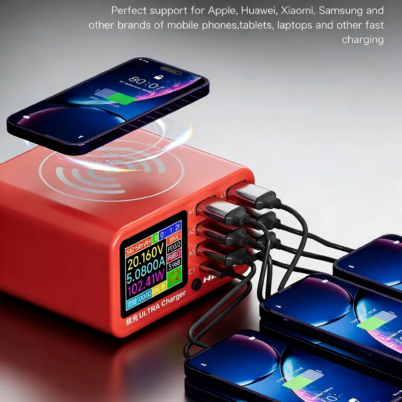 100W 멀티포트 USB 충전 허브, 디지털 디스플레이, PD 및 QC 고속 충전 스테이션, 휴대폰 및 노트북용 전압 및 전류 표시 기능