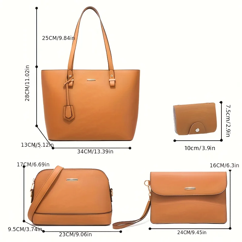 4pcs Fashion Women's Bag Sets Solid Color Tote Handbag Retro Female Crossbody Shoulder Bag Commuting