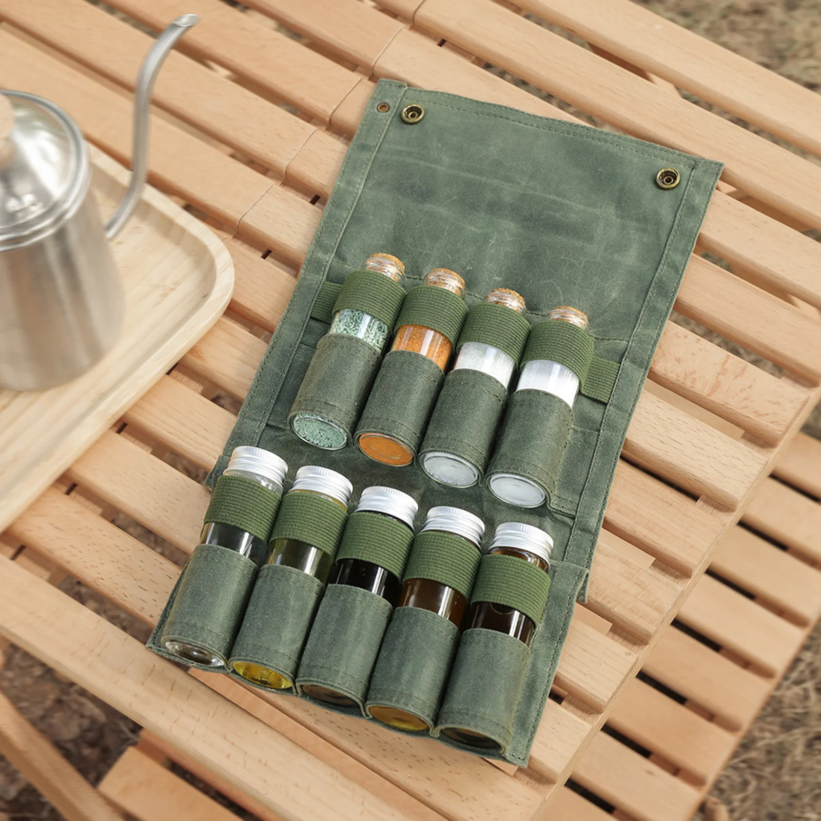 9-hole Seasoning Bottle Storage Bag Foldable Canvas Outdoor Spice Jar Pouch Large Capacity Ultralight Waterproof BBQ Supplies