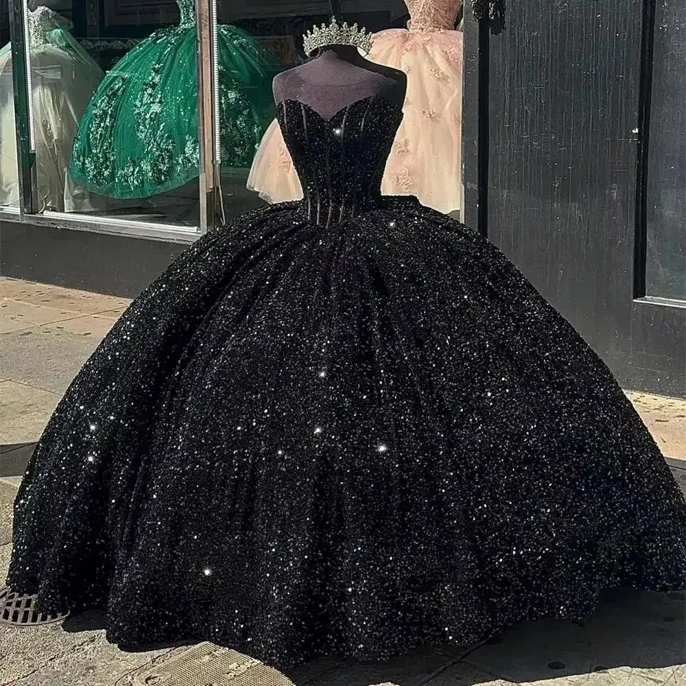 Bomaris Sweetheart Ball Gown Quinceanera Dresses Vestidos De 15 Anos Sparkly Sequined Birthday Princess Party Customized Black