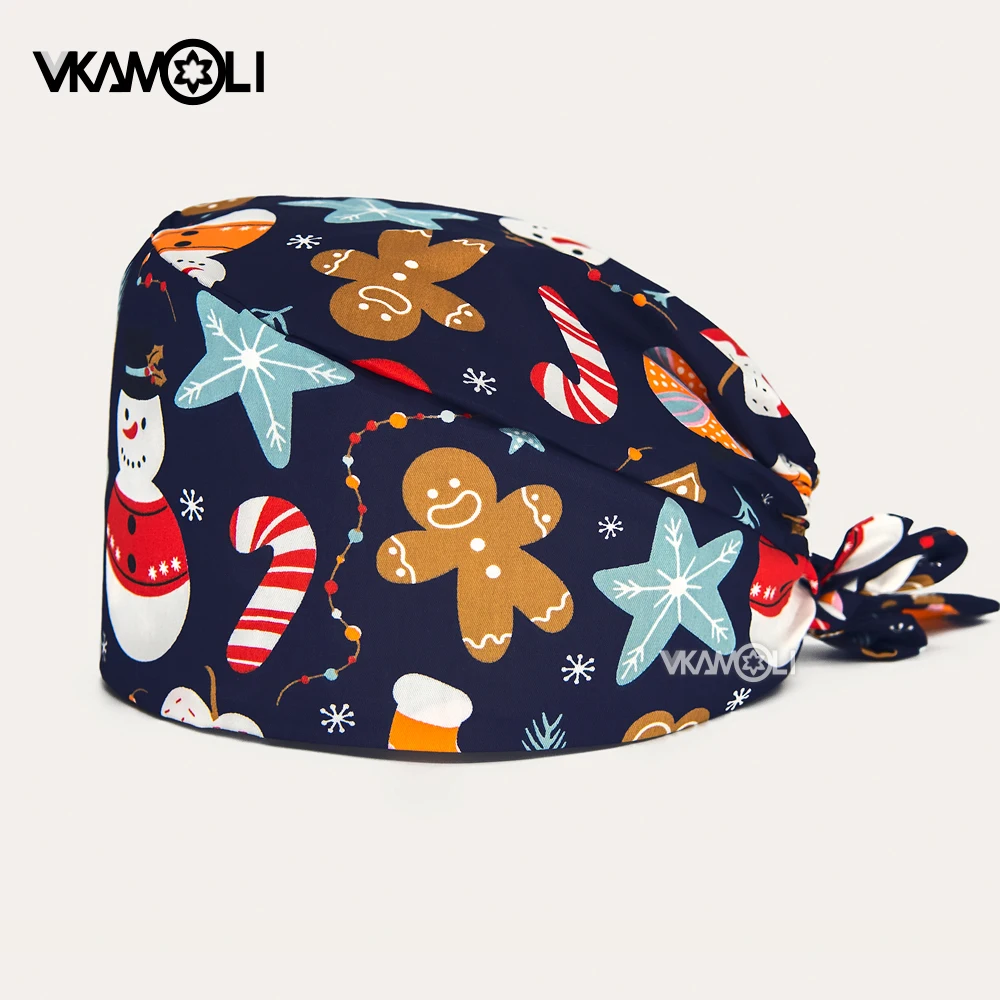 Christmas Food Cartoon Gingerbread Man Printed Surgical Cap Christmas Scrubs Caps Babbo Natale Pet Grooming Agency Work Scrub Hat