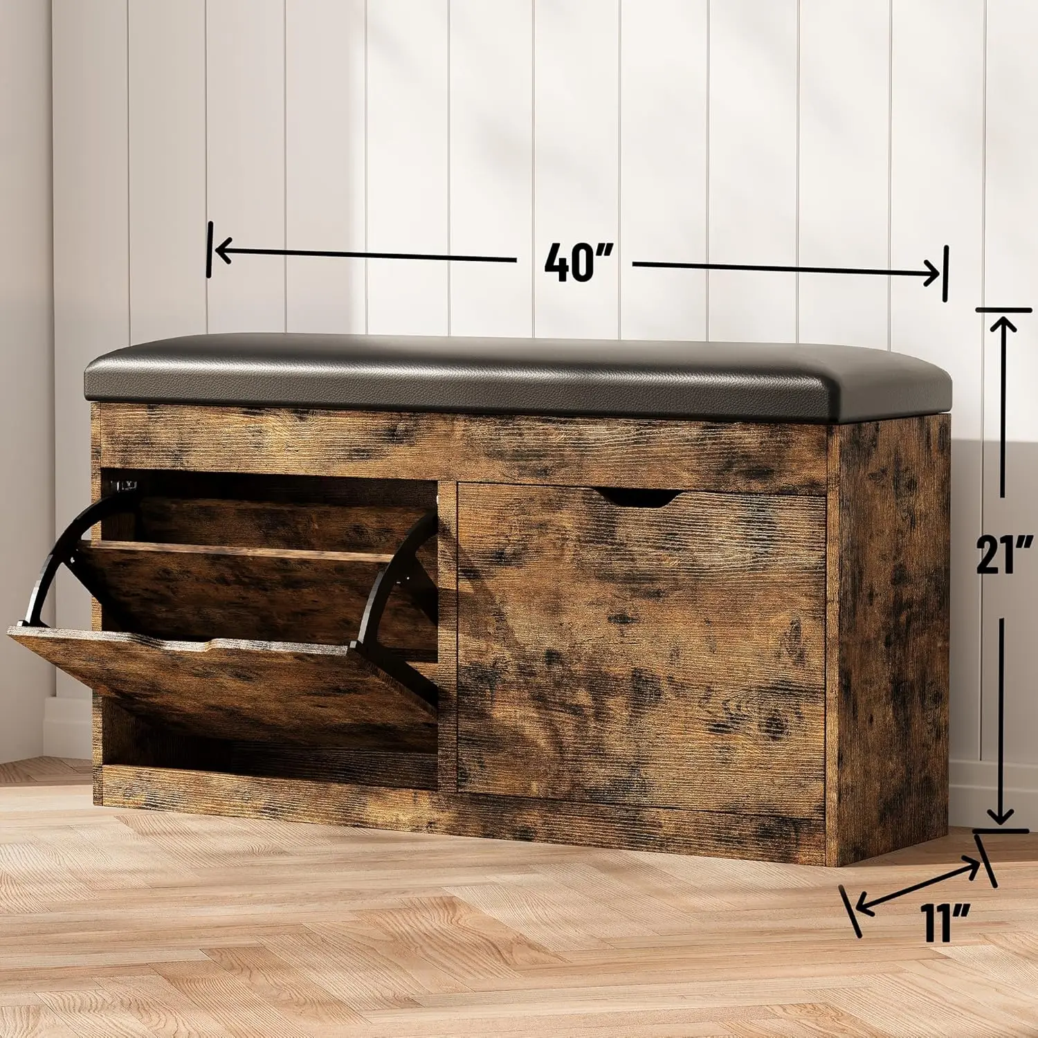 40" Shoe Storage Bench with 2 Flip Drawers & Padded Seat Cushion,  Cabinet with Lift Top Storage Box, Bench
