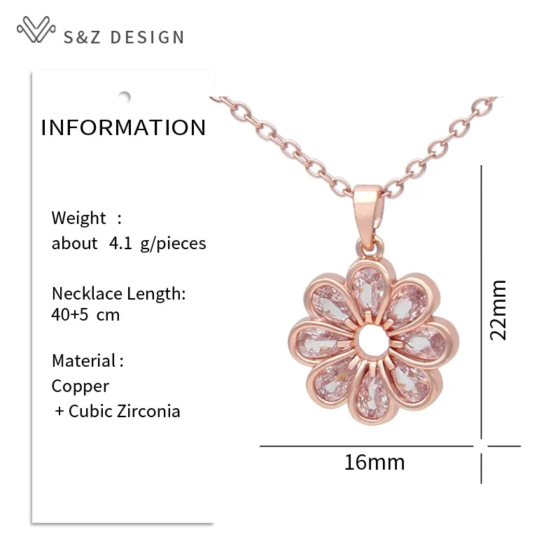 S&Z DESIGN New Fashion Elegant 585 Rose Gold Color Flowers Cubic Zirconia Pendant Necklace For Women Romantic Jewelry Gift
