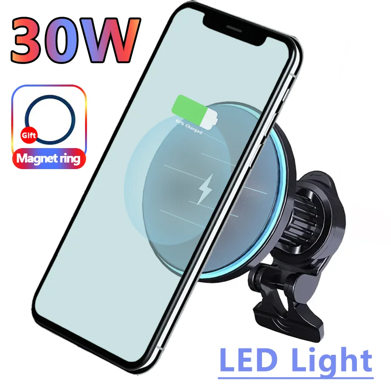 LED 라이트 마그네틱 자동차 무선 충전기, 휴대폰 에어 벤트 칩 마운트 거치대, 아이폰 15, 14, 13, 12 프로 맥스, 자석 자동차 고속 충전