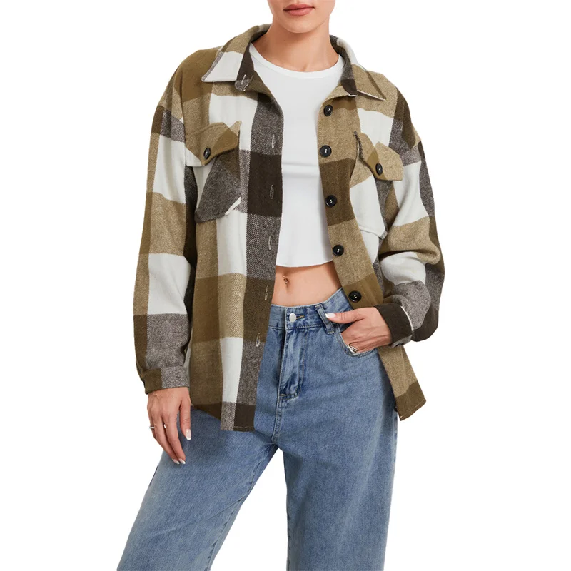 

Musuos Plaid Jackets Women Vintage Fashion Plaid Shirt Tops Outwear Long Sleeve Button Down Coats with Pockets Streetwear