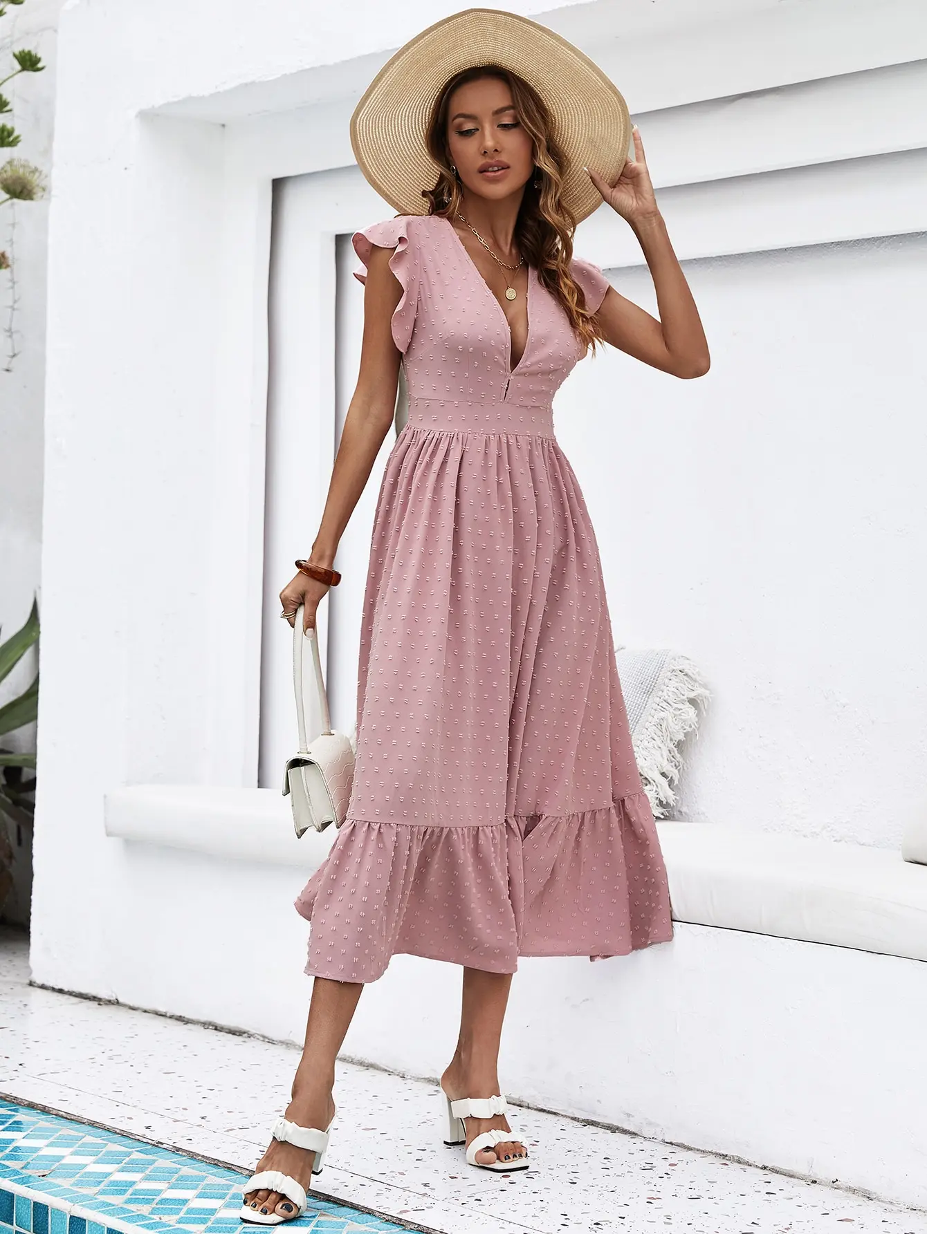 

Women Elegant Sexy Deep V Ruffles Maxi Dress Summer Solid Pink Sundress Jacquard Casual Beach Party Evening Vestidos 2024