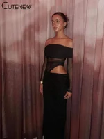 Cutenew maille froncé femmes Robe Maxi Sexy voir à travers les épaules nues à manches longues gaine robes femme minuit fête solide Robe 6