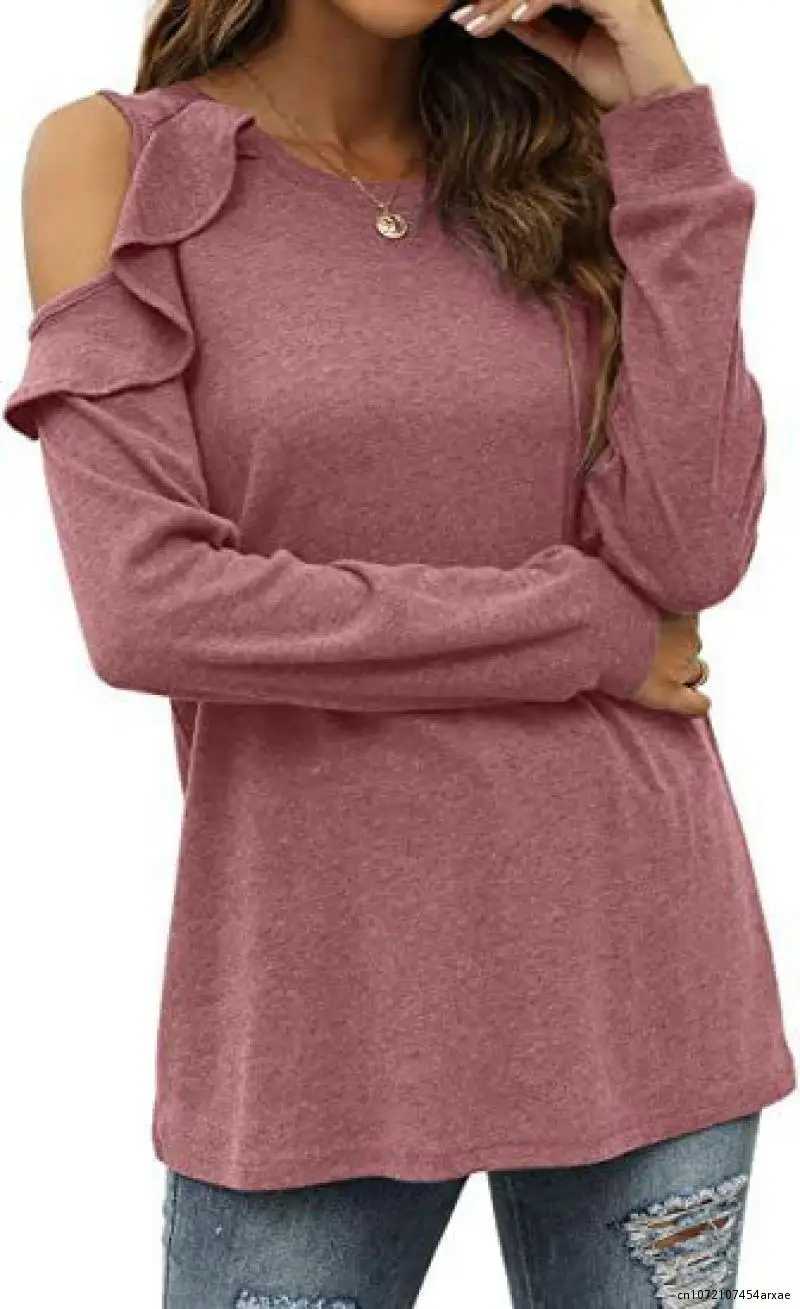 

Solid Color Long Sleeve Ruffle Blouse Women 2023 Winter O Neck Patchwork Top Elegant Slim Lady Office Spring Autumn Knit Sweater
