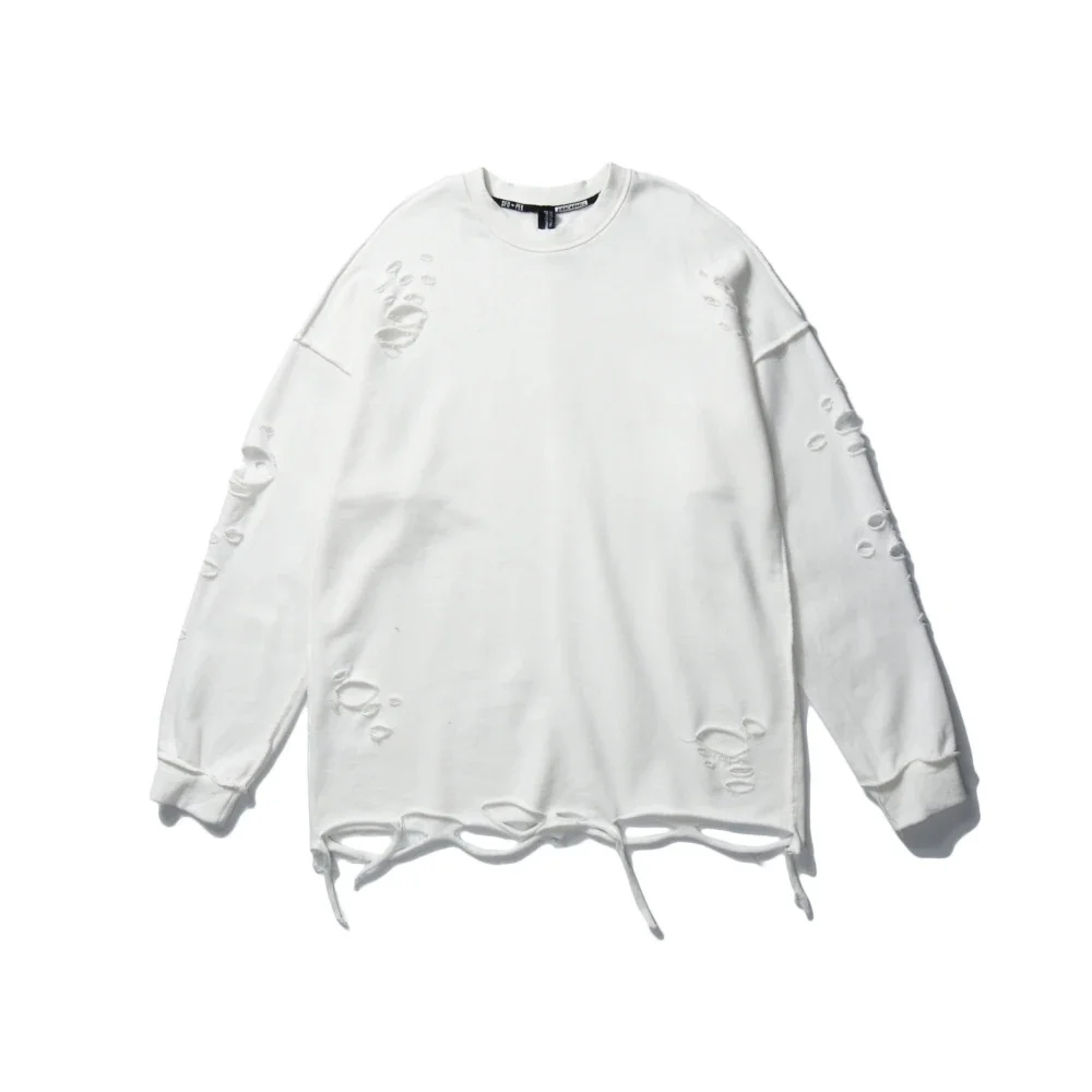 Camisolas rasgadas de manga comprida para homens e mulheres, pulôveres de ombro, streetwear com buracos rasgados, roupas grunge, sloth tops, primavera