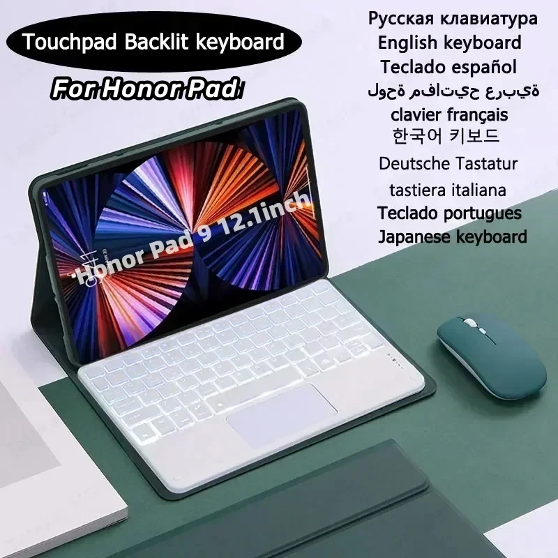 

Case for Honor Pad 9 12.1inch HEY2-W09 Touchpad Backlit Tablet 7-Color Backlit Keyboard Russian Spanish Portuguese Arabic Cover