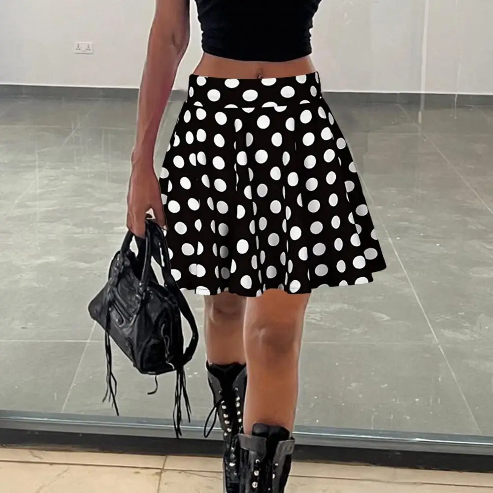 Women Spring Summer Dot Printed Skirt Soft Breathable Loose High Waist A-line Pleated Midi Dress Fashion Party Costume 3