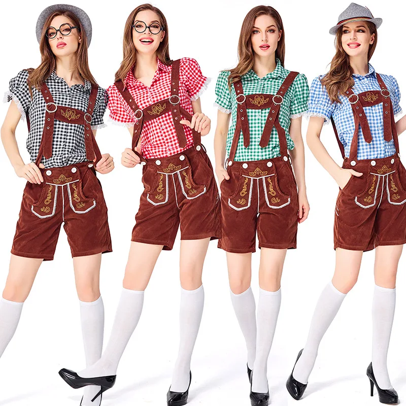 

3-Piece Set Oktoberfest Lederhosen Costume for Women Bavarian German Beer Festivals Suspenders Shirt Hat Women Cosplay Costumes
