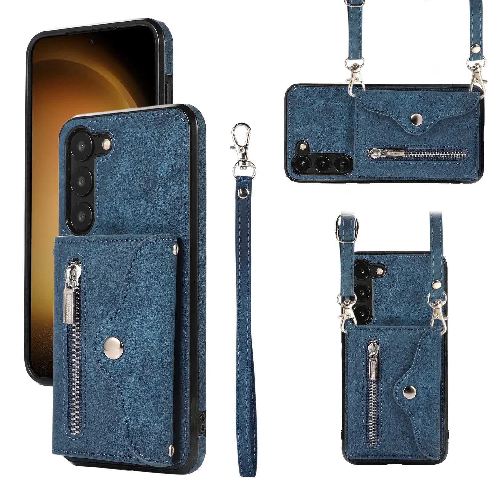 Elegant Crossbody Leather Zipper Wallet with Card Slots and Long Lanyard