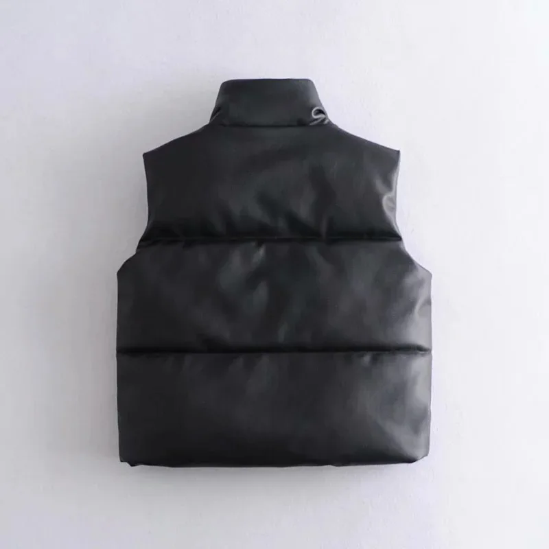 Autumn Winter PU Leather Coat Women Black Stand Collar Vests Women Fashion Zipper Elegant Short Vests Female Ladies 2