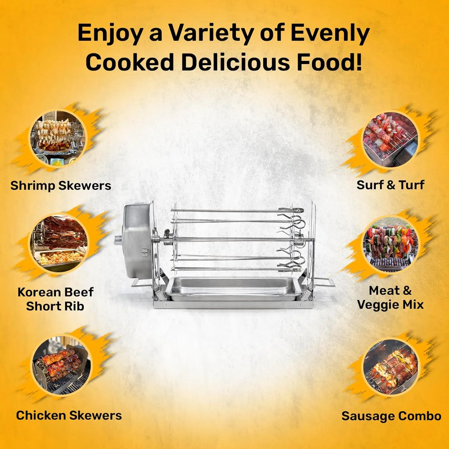 Bundle - Cordless Rotisserie Kit for Grills, Ovens, Smokers - Non-Electric Spit Roaster - Indoor/Outdoor BBQ - Stainless 6