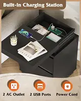 Black Nightstand with Charging Station and LED Lights, Bedside Table with 2 Wooden Drawers and Sliding Top, Modern, Customized 5