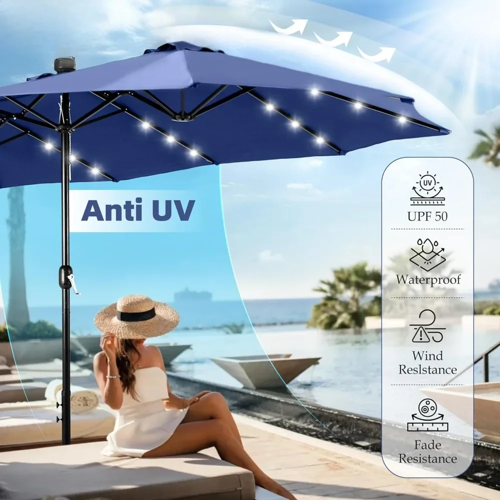 15ft Double Sided Patio Umbrella with Solar Lights, Large Market Umbrellas with Base Included, Crank Handle and 36 LED Lights 3
