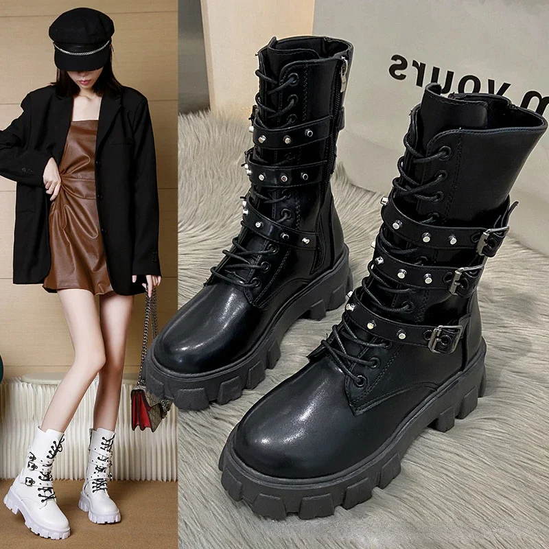 2023 New Winter Denim Boots Women's Retro White Martin Shoes Belt Buckle Round Head High Boots Ankle Boots Knee Length Boots