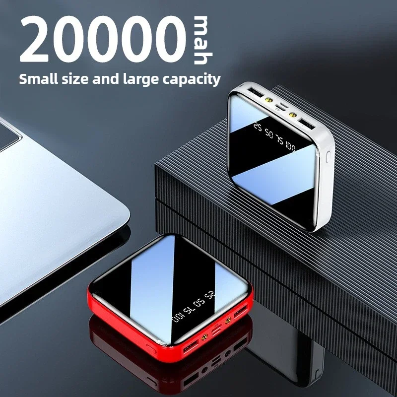 20000mAh Mini Power Bank with Cable Portable Charger Mirror Screen LED Digital Display Poverbank External Battery Power Bank 5