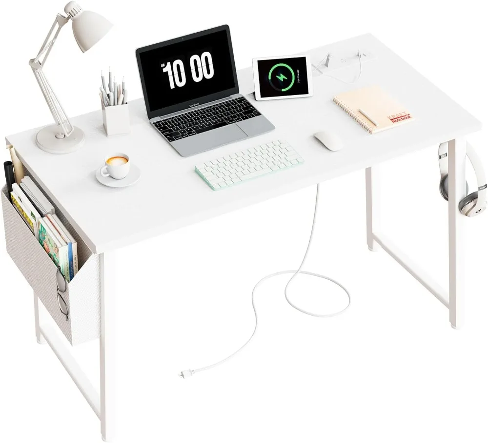 

39 inch White Computer Desk with Power Outlet, 40 inch Teen Study Table Home Office Work Writing Desks with Charging Station