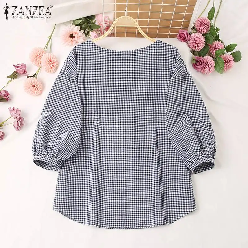 Vintage Plaid Karierte Bluse ZANZEA Herbst Frauen Tops Casual O Neck 3/4 Hülse Baggy Shirt Weibliche Elegante OL Arbeit Blusas 2024 – Detail 10