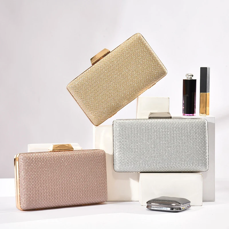 

Shiny Gold Evening Clutch Bag Metal Texture Hard Box Women's Clutch Purse Luxury Wedding Handbag Party Crossbody Chain Bag XA10H