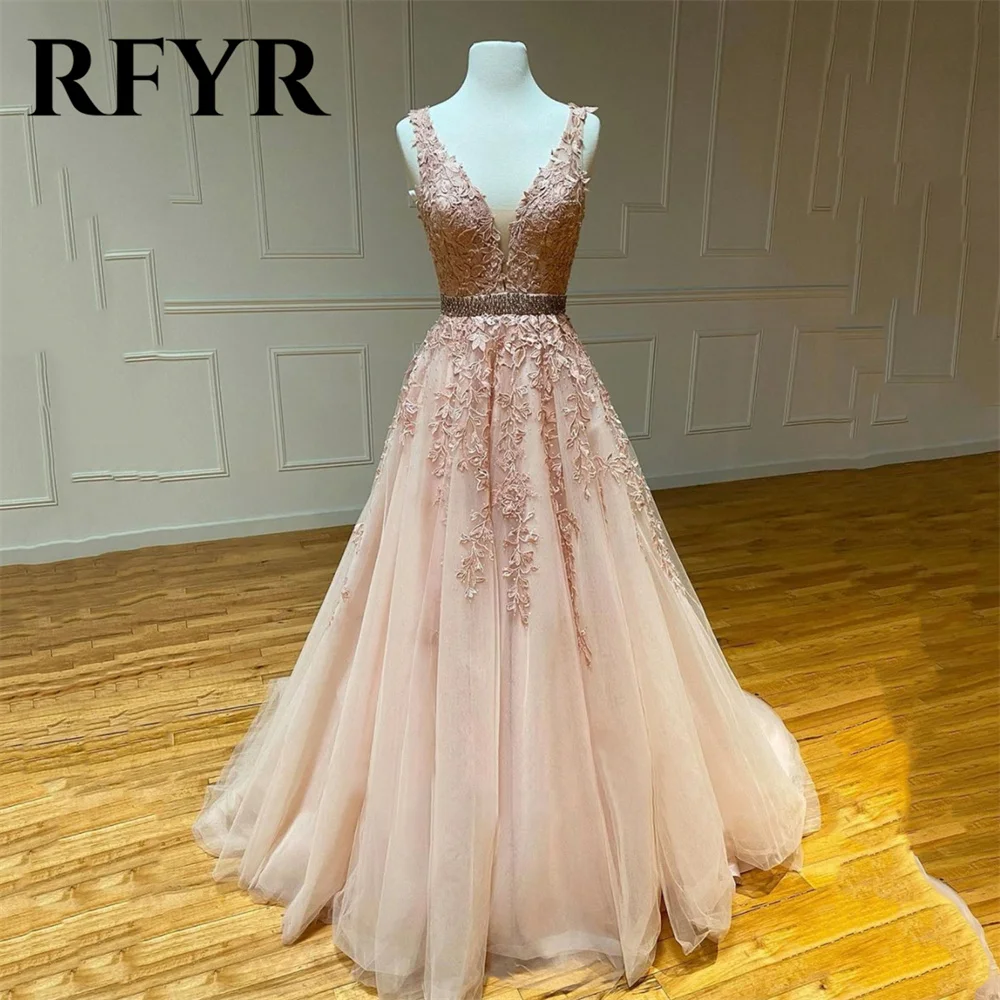 

RFYR Lace Pink Prom Dress Appliques A-Line V-Neck Tulle Evening Dress Tank Lace Beading Party Dress Zipper Back فستان سهرة