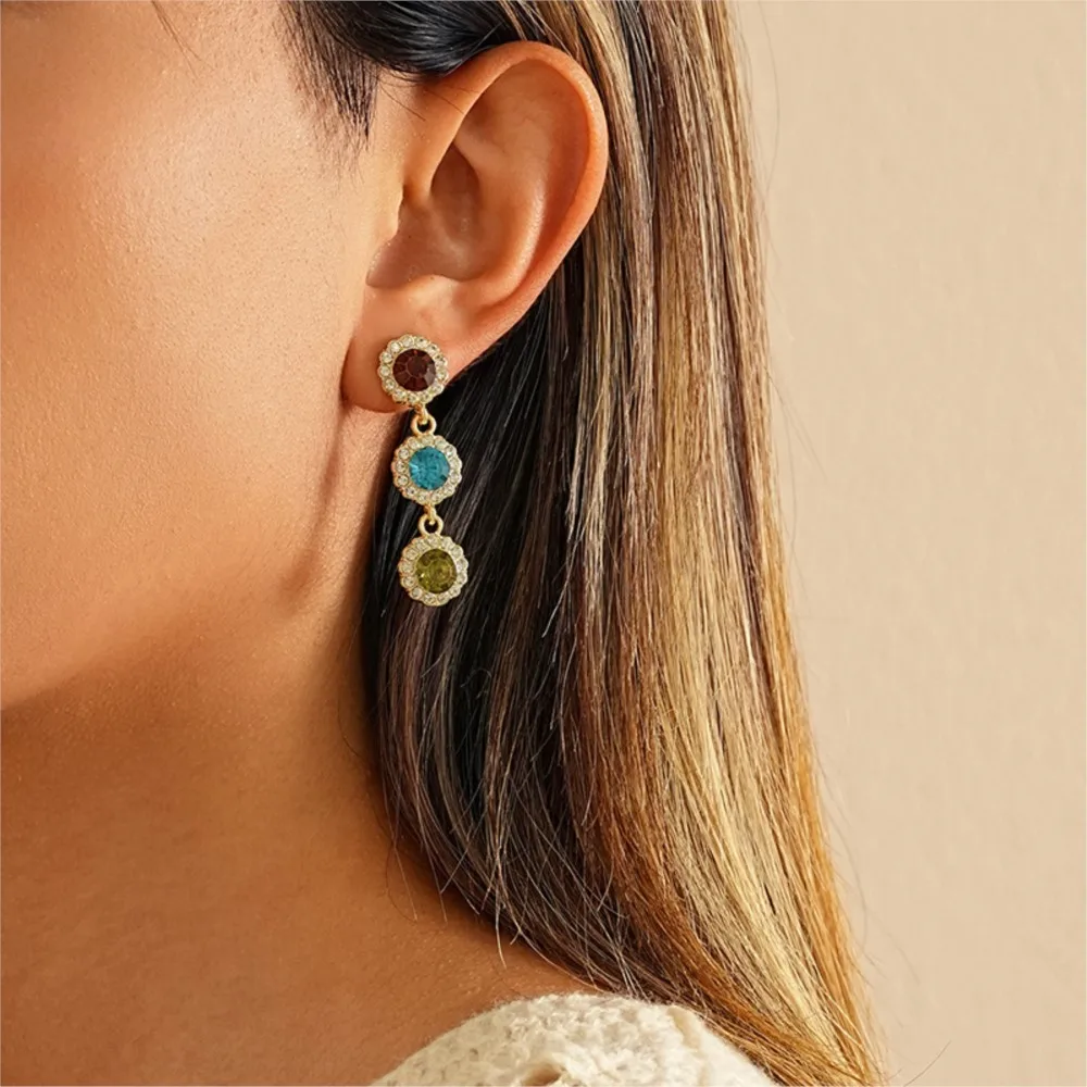 Elegant Colorful Round Rhinestone Drop Earrings for Women Light Luxury Shiny Zircon Stud Earrings Party Jewelry Gifts