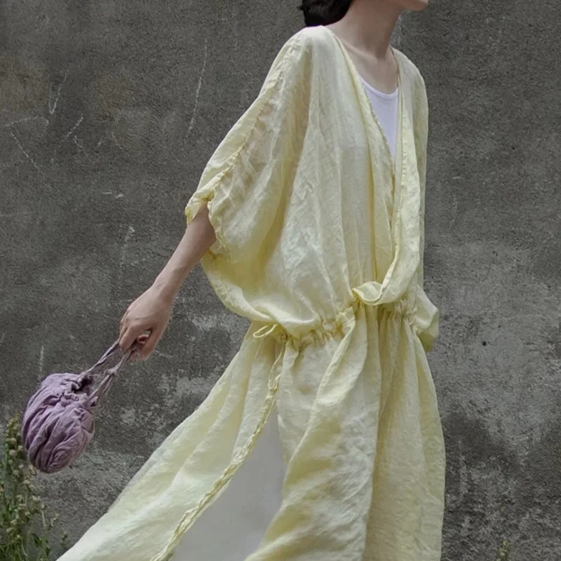 Robe blanche en lin ramie pour femmes, vintage, mince, style chinois, col en V, manches courtes, robes élégantes, été, nouveau, 100%, 2023