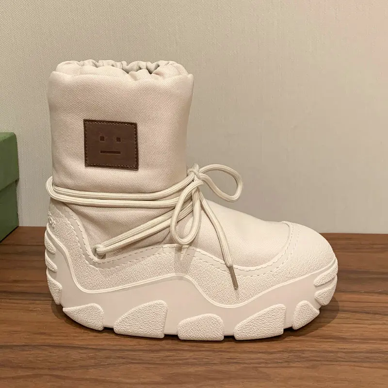 

Canvas Mixed With Cow Leather Lovely Warm Winter Botines Light Sole Chunky Cross-tied Platform Flats Shoes Women Snow Boots
