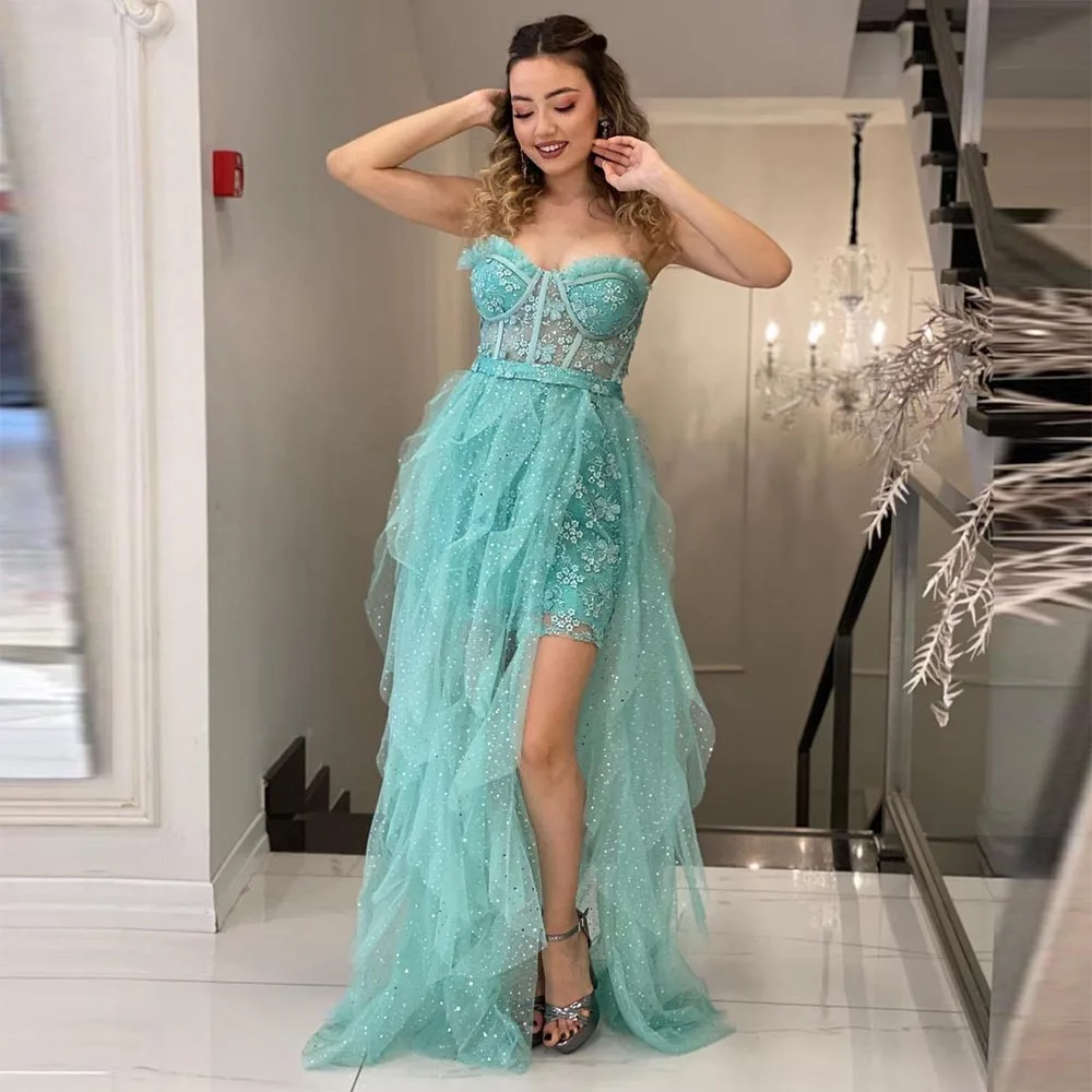 

Sevintage Tiered Ruffled Shiny Tulle Mermaid Evening Dresses Lace Appliques Sequin Pleat Ruched Prom Gowns Wedding Party Dress