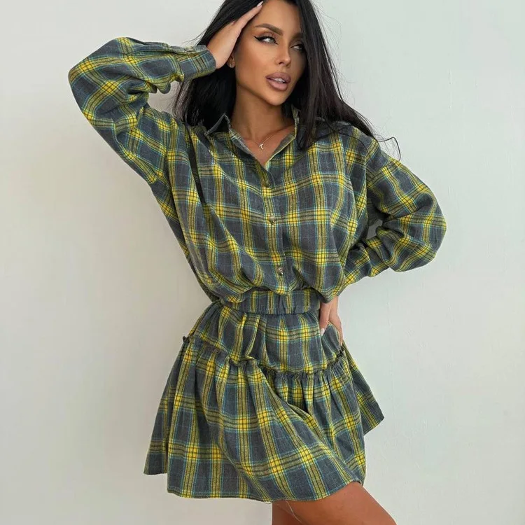 Female 2 Piece-Set Pleated Skirts Fashion Contrast Lapel High Waist Spring 2025 Shirts Outfits Women's Mini Skirt Sets New 21 Female 2 Piece-Set Pleated Skirts Fashion Contrast Lapel High Waist Spring 2025 Shirts Outfits Women's Mini Skirt Sets New