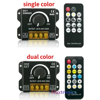 DC5-24V LED 스트립 라이트 노브 스위치 조광기, 무선 RF 컨트롤러 포함, 단색, CCT 테이프 조명, 무단 조광, 30A