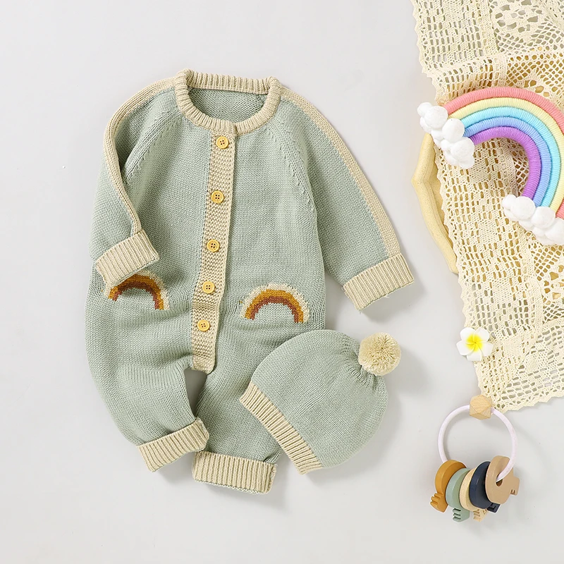 

Autumn Baby Rompers Knit Infant Clothing Hat 0-18M Overalls Rainbow Playsuit Newborn Girls Boys Jumpsuit Long Sleeve Outfits 2PC