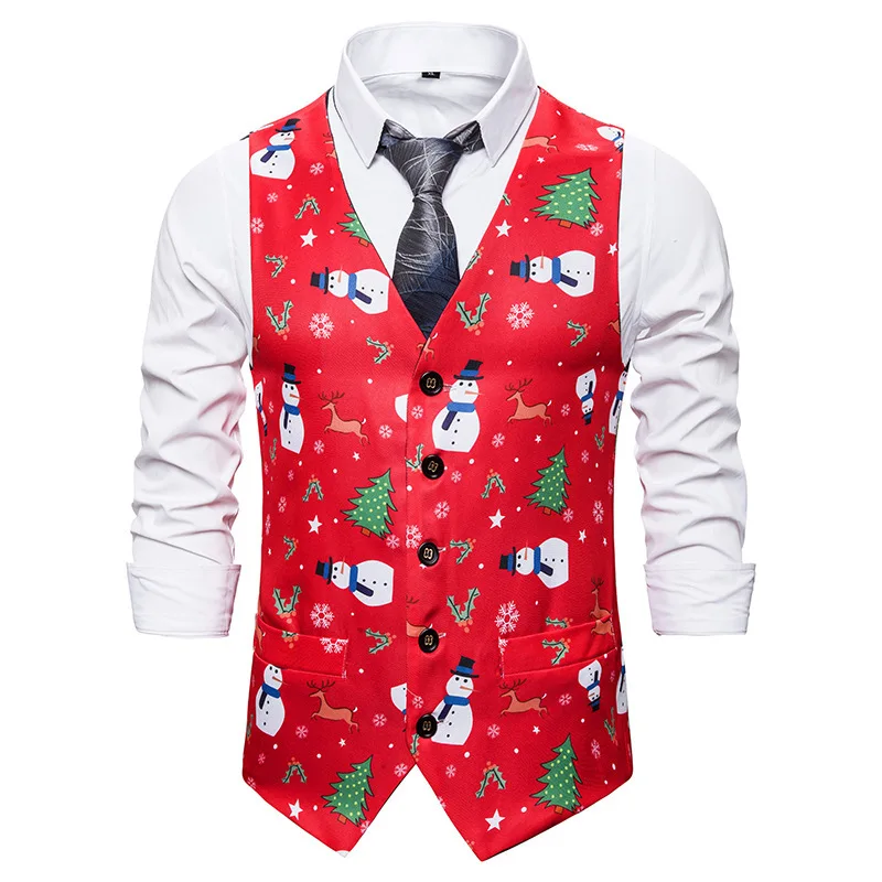 

New Men's Vest Wedding Slim Suit Vest Coat Sleeveless Top Formal Designer Dress Luxury Dress Red Christmas Print