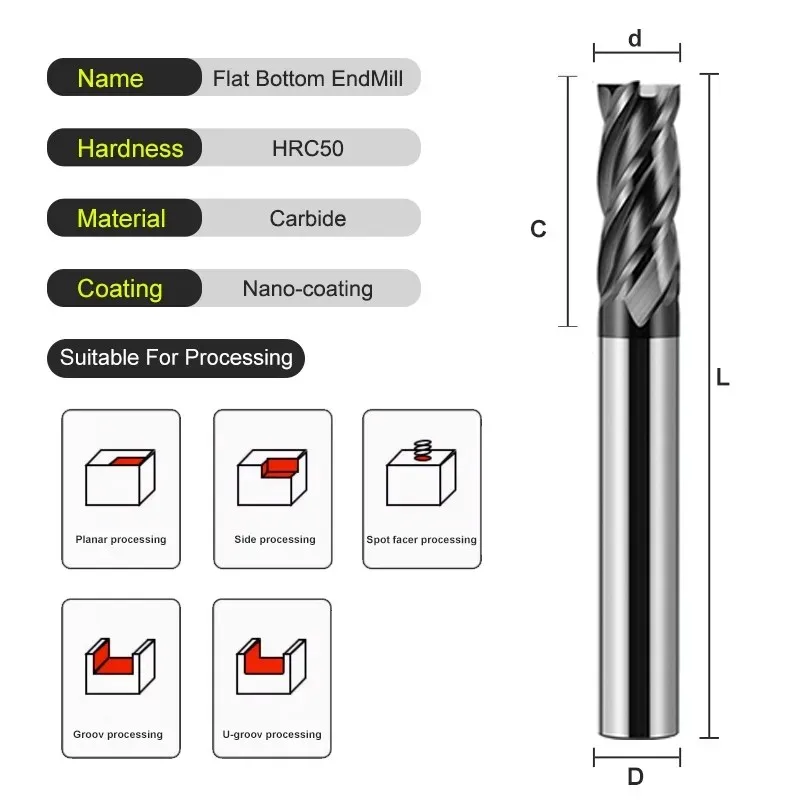 SHAZAM HRC50 4 플루트 밀링 커터 세트, 텅스텐 스틸 카바이드 나노 코팅 CNC 기계, 플랫 엔드 밀 공구, 1.0mm-8.0mm, 10 개