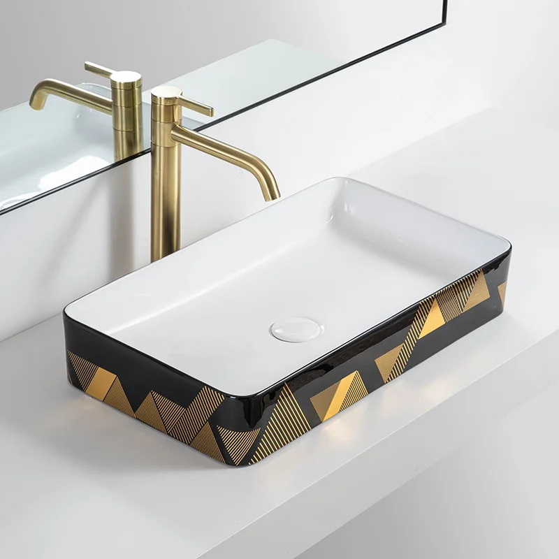

Affordable Luxury Style Household Ceramic Personality Table Basin Wash Basin Rectangular Wash Basin Bright Black Art Basin